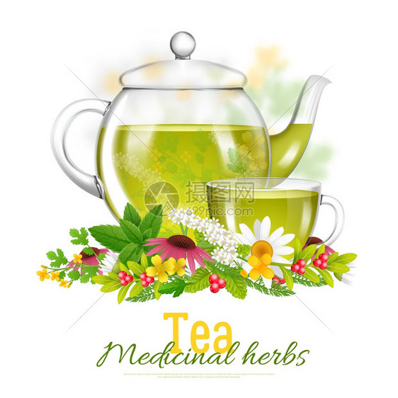 茶壶茶杯药材插图璃茶壶茶杯周围草药花白色背景与标题矢量插图图片