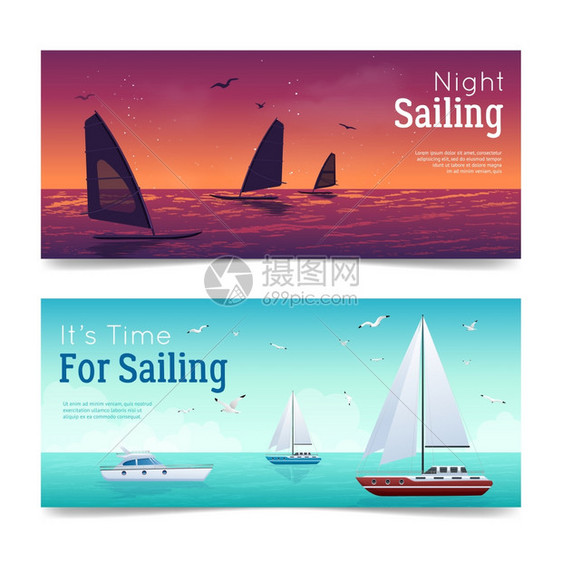 帆船横幅帆船水平卡通横幅游艇海上孤立矢量插图图片