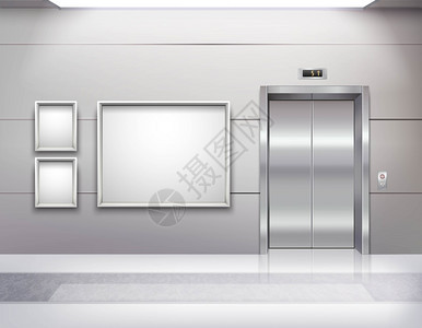 电梯厅内部现实的空电梯厅内部与金属电梯门大理石地板荧光灯天花板灰色墙壁矢量插图背景图片