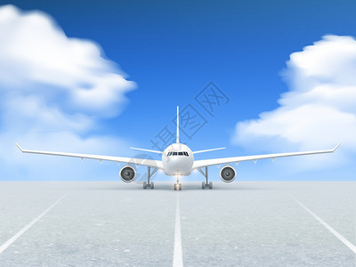 飞机跑道海报白色飞机准备跑道海报飞,个现实的蓝色背景路矢量插图图片
