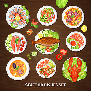 海报上海鲜菜肴海报与海鲜菜集同的鱼类,癌症,龙虾,贻贝鱿鱼与蔬菜矢量插图图片