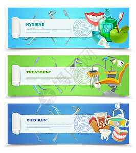牙医3平水平横幅套牙科口腔卫生定期检查蛀牙预防治疗3平横幅抽象矢量插图图片