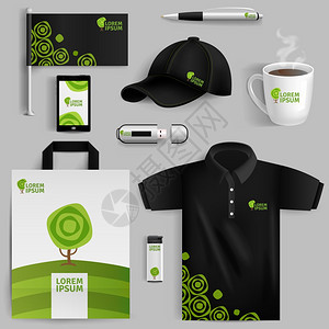 生态企业身份的装饰元素装饰元素的企业身份与绿色树符号现实风格与笔USB闪存驱动袋杯棒球帽孤立矢量插图图片