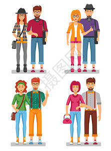 时髦夫妇的时髦夫妇的,轻的时尚人士与手势时尚,五颜六色的衣服,矢量插图图片