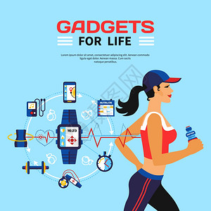智能健身技术平矢量插图的跑步女孩套小工具用智能技术,以监测卡路里消耗健身活动图片