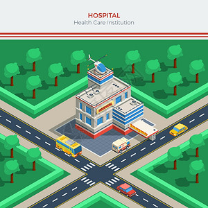 医院大楼等距城市建设者等距城市建设者与医院建筑直升机屋顶交叉道路救护车汽车矢量插图图片