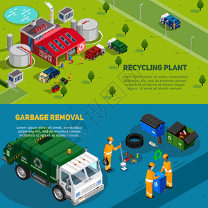 等距垃圾横幅两个等距垃圾横幅与卡车废物处理工作清洁工回收工厂图标矢量插图图片