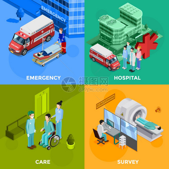 医院2x2理念医院2x2理念集应急帮助设备为调查医疗保健人员装饰图标平矢量插图图片