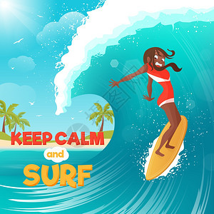 暑假冲浪平彩色海报热带岛屿大海浪冲浪度假旅行平海报与棕榈海滩背景抽象矢量插图图片