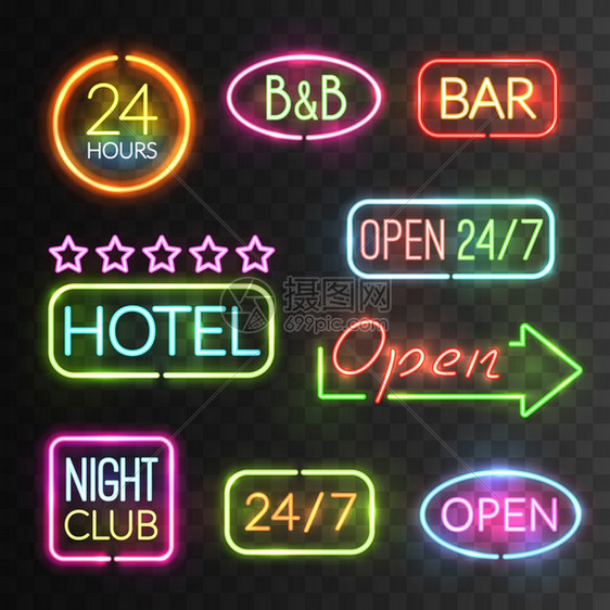 霓虹灯打开标志集霓虹灯打开标志图标闪光灯为酒店商店赌场,例如矢量插图图片
