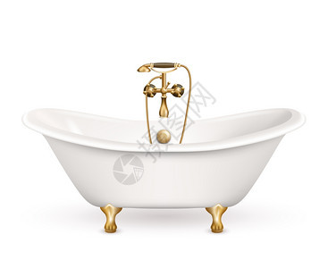 逼真的复古浴缸图标逼真的复古浴缸图标白色与金色的手臂腿阴影底部矢量插图图片