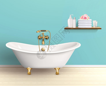 浴室内部彩色海报浴室内部海报宣传传单浴缸房子与蓝色墙壁货架与浴缸配件矢量插图图片