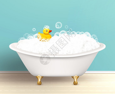 浴缸里泡沫海报浴缸浴室海报上投下阴影,泡沫黄色橡胶鸭子彩色矢量插图图片