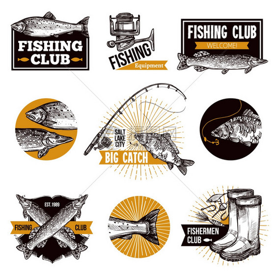钓鱼标志标志手绘钓鱼标志标志,鱼类设备,如钓鱼竿广告孤立矢量插图图片