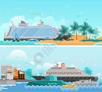 邮轮度假平横横幅套邮轮度假平水平横幅乘客轮南海滩现代酒店帆船矢量插图图片