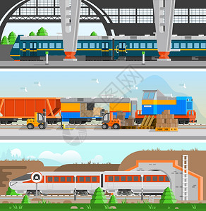 铁路运输水平平横幅铁路运输水平平横幅与高速客运列车火车站装载铁路运输成矢量图插画