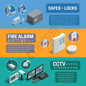 家庭安全系统等距横幅家庭安全系统描述3水平等距横幅闭路电视火灾报警抽象孤立矢量插图图片