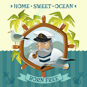 带着烟斗舵海鸥的老水手航海海报与老水手吸烟管舵海棕榈树无人居住的岛屿平矢量插图图片