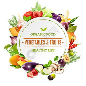 天然机食品背景自然机食品背景与彩色明亮的框架包含新鲜蔬菜水果现实风格的矢量插图图片