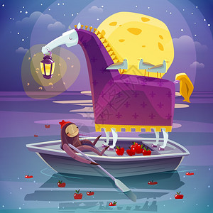马与灯笼超现实的梦想海报超现实的夜梦图像马与女孩船上与大黄色月亮背景海报矢量插图图片