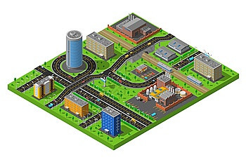 等距城市工业区构图海报工业住宅城市小区元素等距构图海报与街道生产设施抽象矢量插图图片