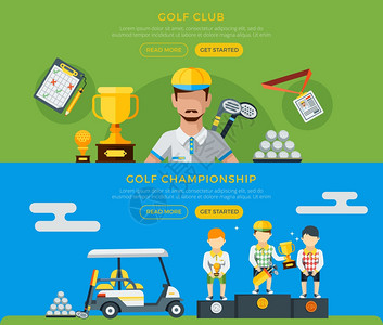 高尔夫俱乐部冠横幅高尔夫俱乐部锦标赛水平绿色蓝色横幅与球员高尔夫车设备平矢量插图图片