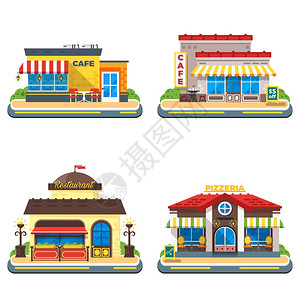 咖啡厅2x2平图标彩色咖啡馆餐厅比萨饼店建筑白色背景2x2平图标矢量插图图片