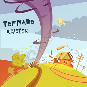 龙卷风灾难插图彩色卡通插图龙卷风灾难描绘破碎的房屋矢量插图图片