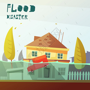 洪水灾害插图彩色卡通插图洪水灾害描绘水下航行器洪水房屋矢量插图图片
