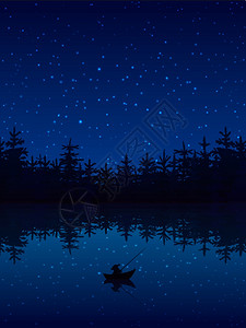 晚上钓鱼插图夜间森林附近捕鱼,用船杆平矢量插图背景图片