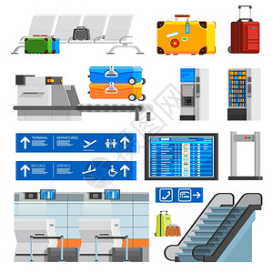 机场内部平彩色装饰图标机场内部平彩色装饰图标与portmanteaus手提箱检查点时间表记分板自动扶梯孤立矢量插图片