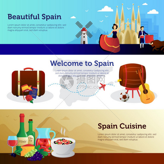 西牙欢迎旅行者横幅欢迎来西牙,提供丰富的彩色水平横幅,为游客食品地标矢量插图图片