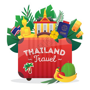 泰国旅行平符号构图海报泰国文化符号成图标,为游客提供佛像护照平矢量插图图片