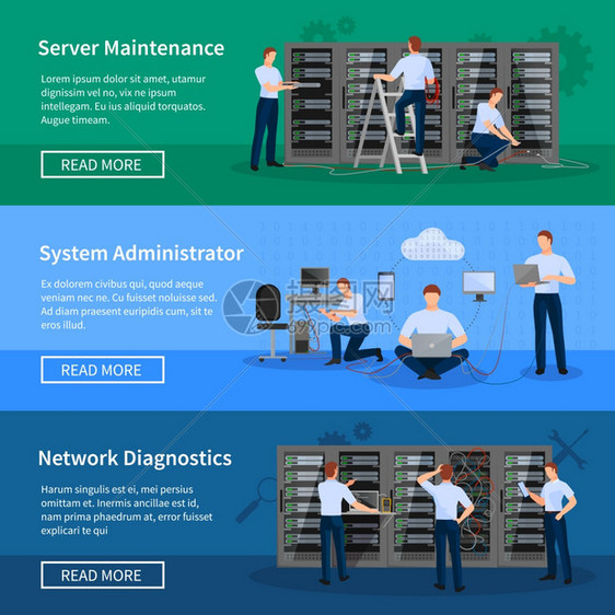 它管理员水平横幅它管理员水平横幅与网络工程师工作服务器机房的硬件诊断平矢量插图图片