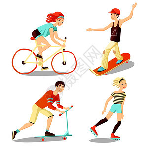 轻的骑手迷你套装形象人们迷你套轻骑手,包括滚筒滑板车自行车滑板车卡通孤立矢量插图图片