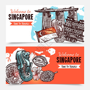 新加坡手绘草图横幅新加坡手绘草图横幅与酒店滨海湾沙滩鱼尾狮兰花图像矢量插图图片