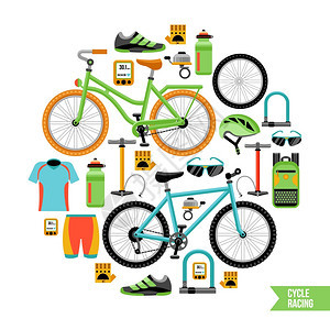 自行车自行车自行车配件图标成的圆圈与循环赛车描述平矢量插图图片