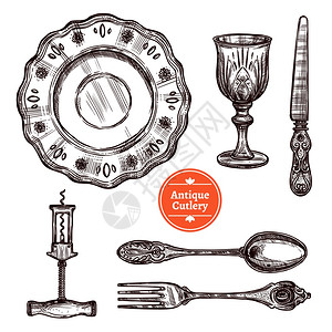 古董餐具套装手绘古董银餐具,配老式勺子叉板璃刀隔离矢量插图图片
