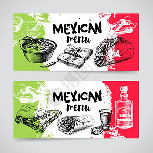 墨西哥传统食品菜单手绘草图矢量插图老式墨西哥菜横幅套图片