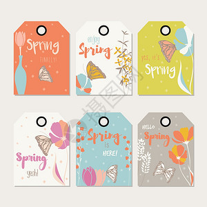 春季花卉礼品标签,用手绘花卉,花卉元素,花瓶帝王蝴蝶,矢量插图图片