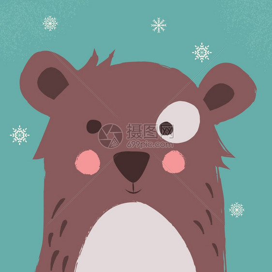 可爱的棕色熊,蓝色背景上雪花,矢量插图图片