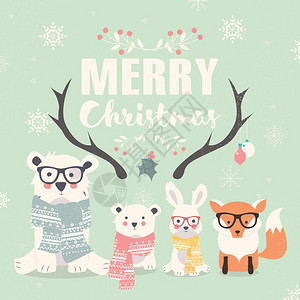 诞快乐刻字与时髦的北极熊,狐狸兔子,矢量插图图片