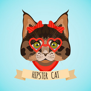带眼镜的时髦猫带丝带海报矢量插图的蝴蝶结肖像图片