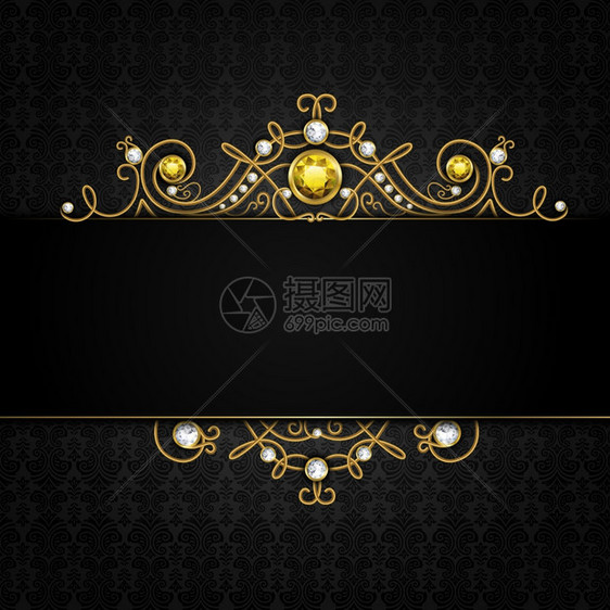 珠宝黑色背景与独特的经典黄金钻石宝石头饰矢量插图图片