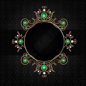 珠宝黑色经典金色皇冠与钻石绿色祖母绿框架矢量插图图片