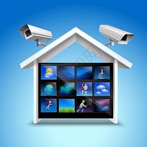 视频安全与房屋监控摄像机三维现实矢量插图图片