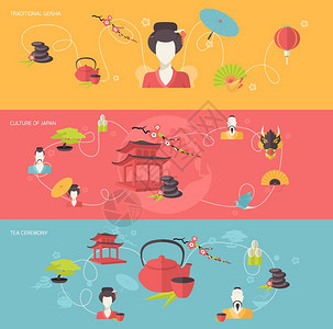 日本旅游横幅与传统艺妓茶道文化的日本孤立矢量插图图片