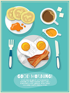 早餐海报与煎蛋,培根,咖啡图标早上好文本矢量插图图片