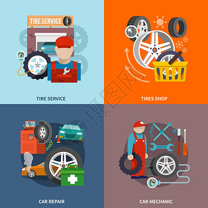 轮胎服务瘪套与车间汽车修理机械隔离矢量插图图片