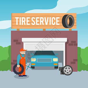 轮胎车轮服务车间车库与汽车机械平矢量插图图片